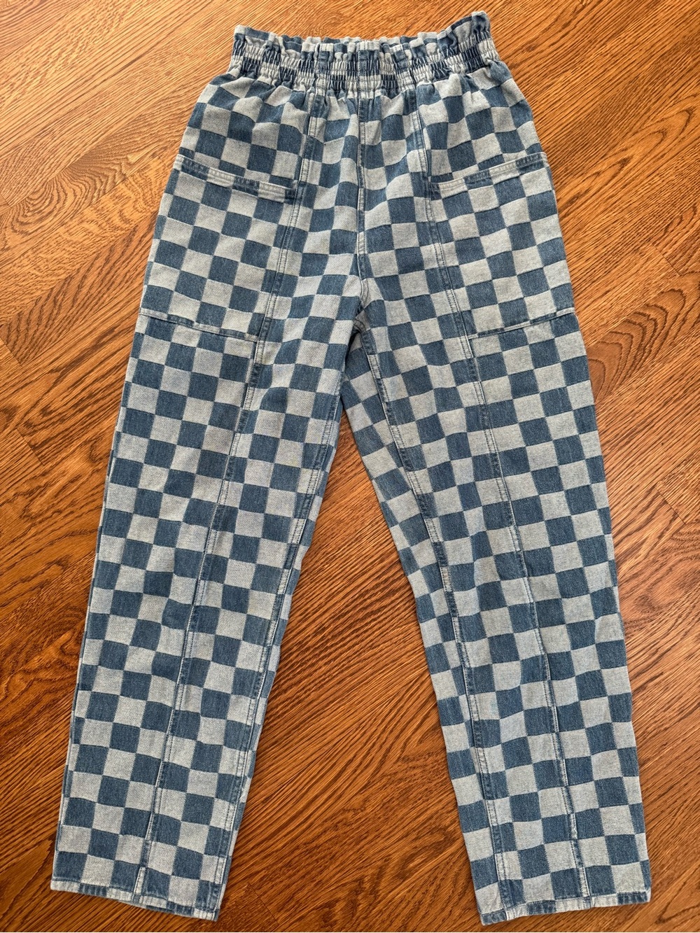 GORMAN Checkered Denim Blue Jeans Pull On Paperbag Retro Geometric Quirky S